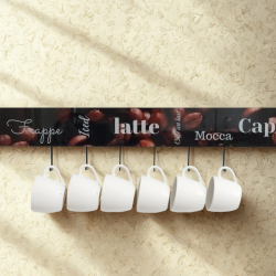 MODIGLASS 115101 Designová skleněná kuchyňská zavěsná tyč délka 1150 mm Sklo s potiskem Coffee 01 Sada se 6 háčky
