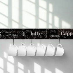 MODIGLASS 115102 Designerski szklany reling kuchenny długość 1150mm Grafika na szkle Coffee 02 Zestaw z 6 haczykami
