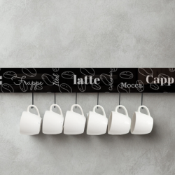 MODIGLASS 115102 Designerski szklany reling kuchenny długość 1150mm Grafika na szkle Coffee 02 Zestaw z 6 haczykami