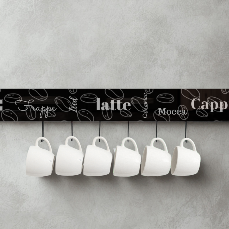 MODIGLASS 115102 Designer glass kitchen rail length 1150mm Graphic on glass Coffee 02 Set with 6 hooks
