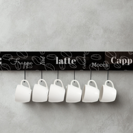 MODIGLASS 115102 Design-Glas-Küchenreling Länge 1150mm Grafik auf Glas Coffee 02 Set mit 6 Haken
